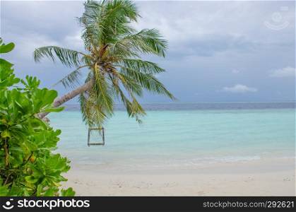 The landscape the island of Biyadhoo Maldives the beach with white sand and a swing over the ocean