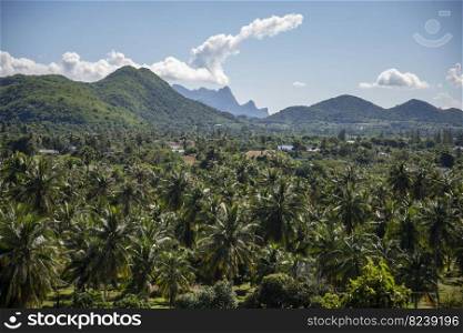 the landscape view from the Wat Khao Noi near the village of Pak Nam and the Town of Pranburi near the City of Hua Hin in the Province of Prachuap Khiri Khan in Thailand,  Thailand, Hua Hin, December, 2022. THAILAND PRACHUAP HUA HIN WAT KHAO NOI LANDSCAPE