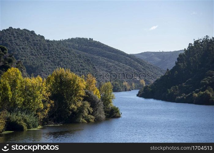 The landscape with the Rio Tejo at the Town of Belver in Alentejo in Portugal. Portugal, Belver, October, 2021