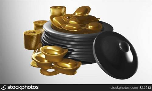 The Large black pot with gold coins chinese gold.3D rendering