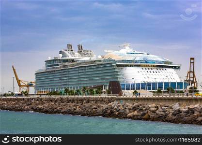 The large cruise ship and waterfront on the Mediterranean sea. Selective focus
