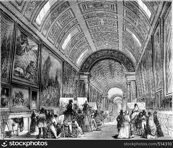 The large gallery one day study, Louvre Museum, vintage engraved illustration. Magasin Pittoresque 1844.