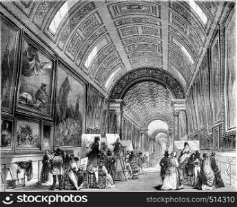 The large gallery one day study, Louvre Museum, vintage engraved illustration. Magasin Pittoresque 1844.