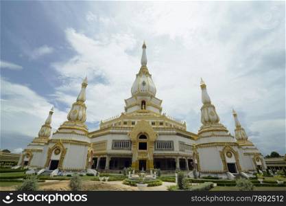 the large Temple or Chedi Phra Maha Chedi Chai Mongkhon on a hill near Roi Et in the Provinz Roi Et northwest of Ubon Ratchathani in the Region of Isan in Northeast Thailand in Thailand.&#xA;