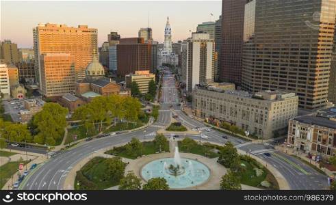 The last light of the evening hits the buildings downtown in Philadelphia Pennsylvania