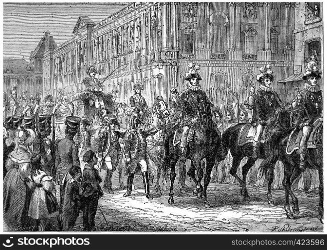 The last pump of the Monarchy, The king went to Notre Dame for the Te Deum, vintage engraved illustration. History of France ? 1885.