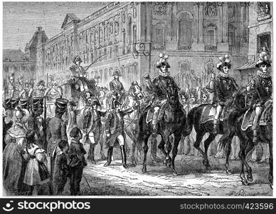 The last pump of the Monarchy, The king went to Notre Dame for the Te Deum, vintage engraved illustration. History of France ? 1885.