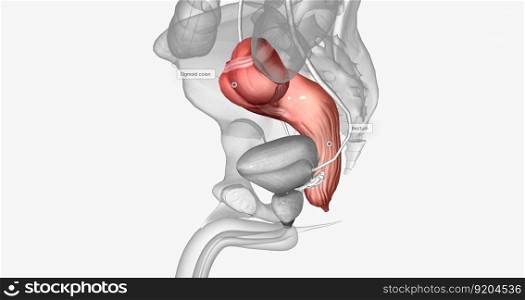 The last two sections of the large intestine, or colon, are the sigmoid colon and rectum. 3D rendering. The last two sections of the large intestine, or colon, are the sigmoid colon and rectum.