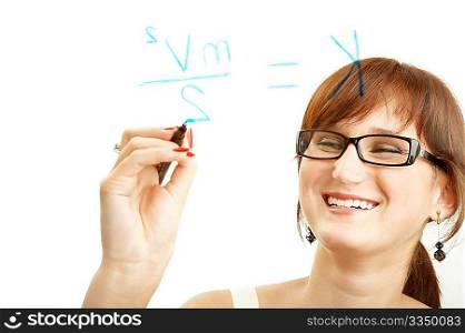 The laughing student writes the formula on a board