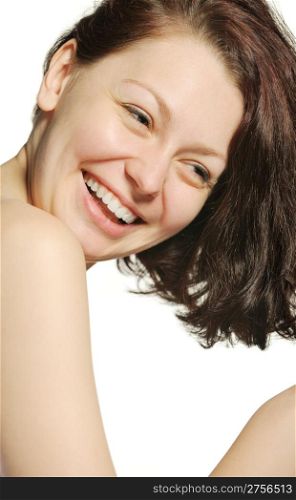 The laughing young woman. Natural beauty. It is isolated on a white background