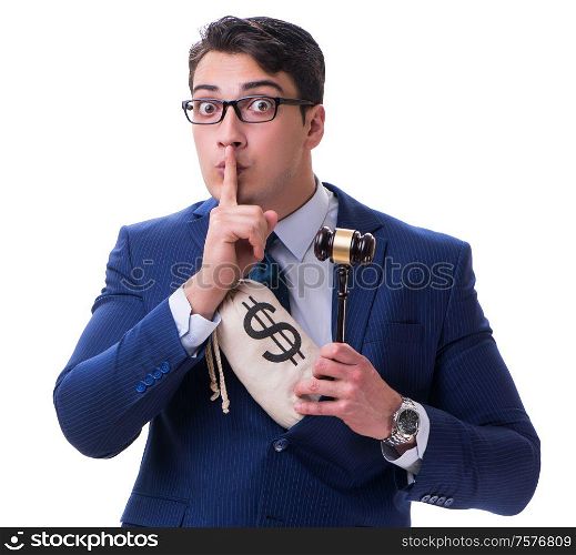 The lawyer with a gavel and a moneybag money bad isolated on white. Lawyer with a gavel and a moneybag money bad isolated on white