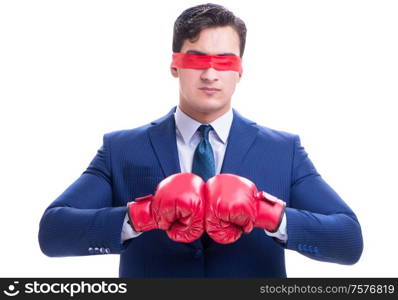 The lawyer with blindfold wearing boxing gloves isolated on white. Lawyer with blindfold wearing boxing gloves isolated on white