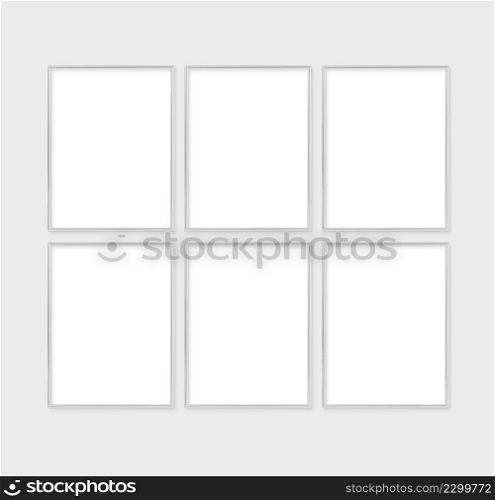 The layout of the set of 6 frame is 3x4, 30x40. Layout with 6 silver frame. Clean, modern, minimalistic, bright. Portrait. Vertical.