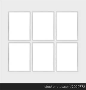 The layout of the set of 6 frame is 3x4, 30x40. Layout with 6 silver frame. Clean, modern, minimalistic, bright. Portrait. Vertical.