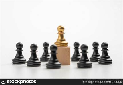 The leadership of the Golden Chess pawn standing on the box show influence and empowerment. Concept of business leadership for leader team, successful competition winner and Leader with strategy