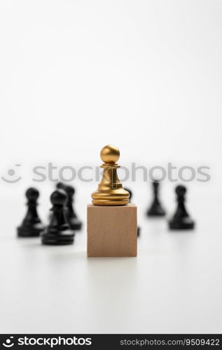 The leadership of the Golden Chess pawn standing on the box show influence and empowerment. Concept of business leadership for leader team, successful competition winner and Leader with strategy