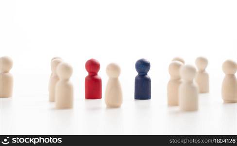 The leadership of the wooden figure standing on the box show influence and empowerment. Concept of business leadership for leader team, successful competition winner and Leader with strategy