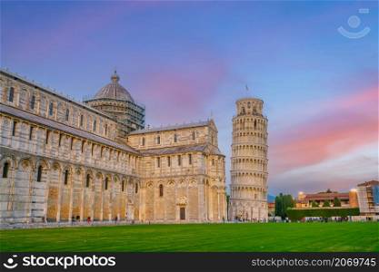 The Leaning Tower in Pisa, Italy at sunset