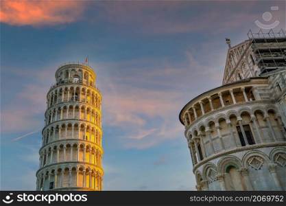 The Leaning Tower in Pisa, Italy at sunset