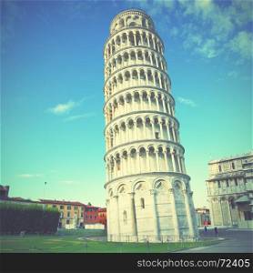 The Leaning Tower of Pisa in Italy. Retro style filtred image
