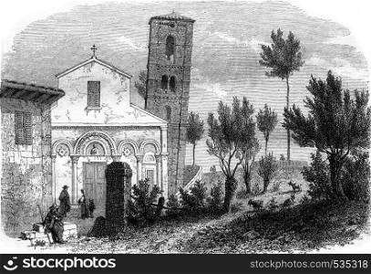 The leaning tower of San Michele degli Scalzi, near Pisa, vintage engraved illustration. Magasin Pittoresque 1857.