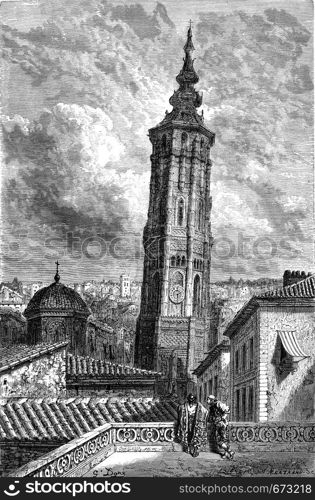 The Leaning Tower (Torrenueva) in Zaragoza, vintage engraved illustration. Le Tour du Monde, Travel Journal, (1872).