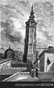 The Leaning Tower (Torrenueva) in Zaragoza, vintage engraved illustration. Le Tour du Monde, Travel Journal, (1872).