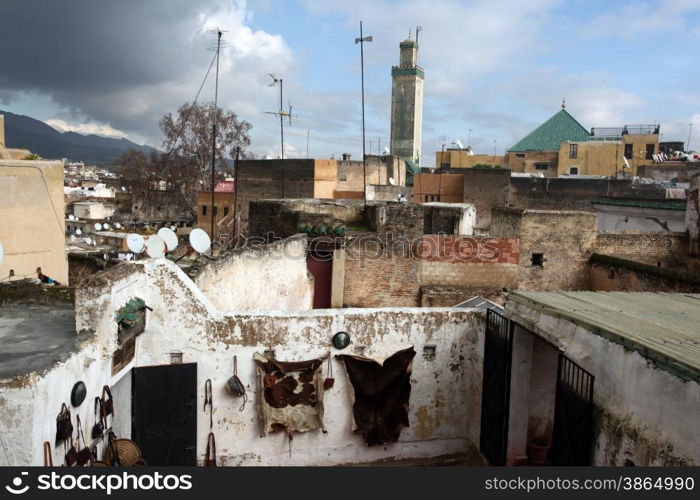 The Leather production in the old City in the historical Town of Fes in Morocco in north Africa.. AFRICA MAROCCO FES