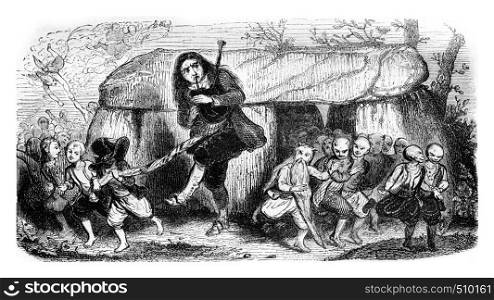 The legend of the bagpipe player, vintage engraved illustration. Magasin Pittoresque 1843.