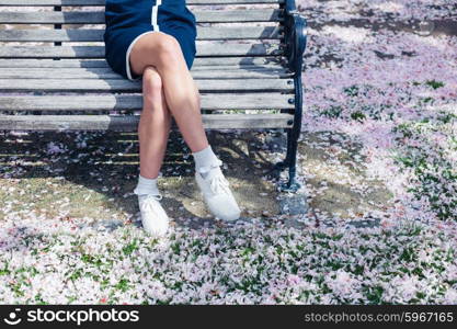 The legs and feet of a young woman relaxing on a park bench with cherry blossom on the ground