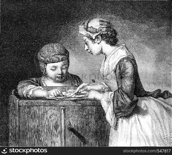 The Lesson of the elder sister, vintage engraved illustration. Magasin Pittoresque 1861.