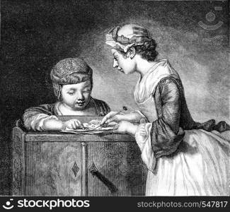 The Lesson of the elder sister, vintage engraved illustration. Magasin Pittoresque 1861.