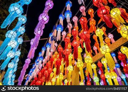 The light of the Beautiful Colorful Lanna l&paper lantern background pattern are northern thai style lanterns in Chiang Mai Thailand.full moon the 12th month Be famous.