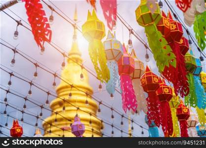 The light of the Beautiful Lanna l&lantern are northern thai style lanterns in Loi Krathong or Yi Peng Festival at Wat Phra That Hariphunchai is a Buddhist temple in L&hun, Thailand.