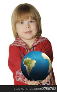 The little boy with the globe. It is isolated on a white background