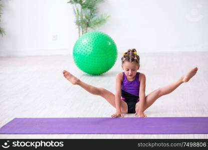 The little girl gymnast doing exercises indoors. Little girl gymnast doing exercises indoors