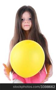 The little girl holding a yellow balloon in the hands. Isolated on white background