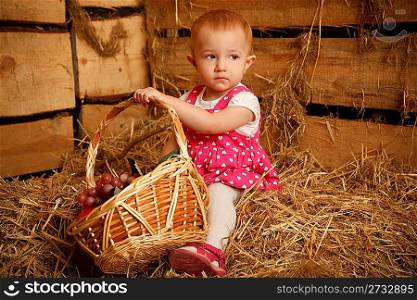 The little girl on straw with a basket of fruit against the wall of boards. Horizontal format.