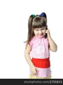 The little girl with a mobile phone. It is isolated on a white background