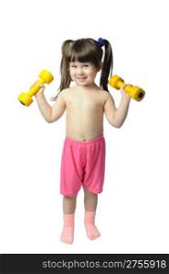The little girl with dumbbells. It is isolated on a white background
