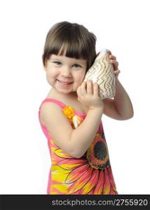 The little girl with seashell. It is isolated on a white background