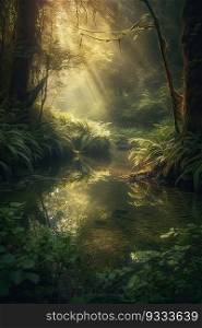 the little lake in an enchanted magical forest in the morning in a fog in the sun, trees in a haze of light, glowing fog among the trees. Generative Ai.	