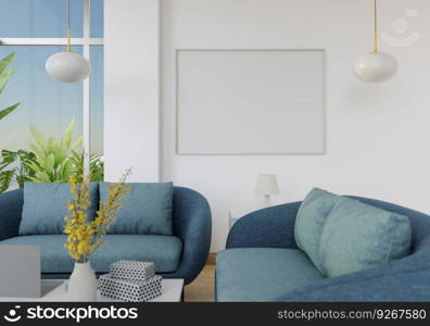 The living room consists of a sofa chair and a picture frame on the wall.