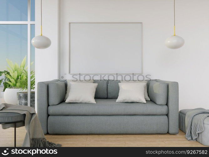 The living room consists of a sofa chair and a picture frame on the wall.