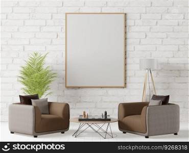 The living room consists of a sofa chair and a picture frame on the wall.