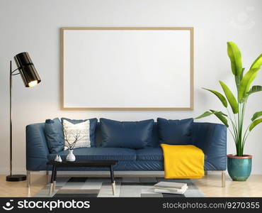 The living room consists of a sofa chair and a picture frame on the wall.