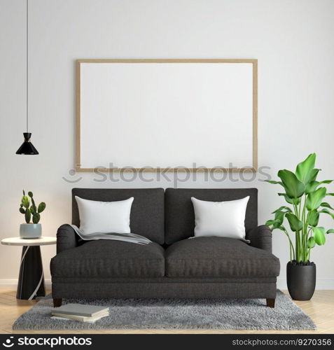 The living room consists of a sofa chair and a picture frame on the wall.