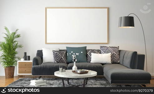 The living room consists of a sofa chair and a picture frame on the wall.