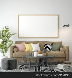 The living room consists of a sofa chair and a picture frame on the wall.