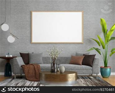 The living room consists of a sofa chair and a picture frame on the wall.